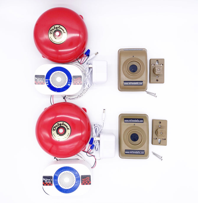 two red original bells connected to two chimes with two motion detectors