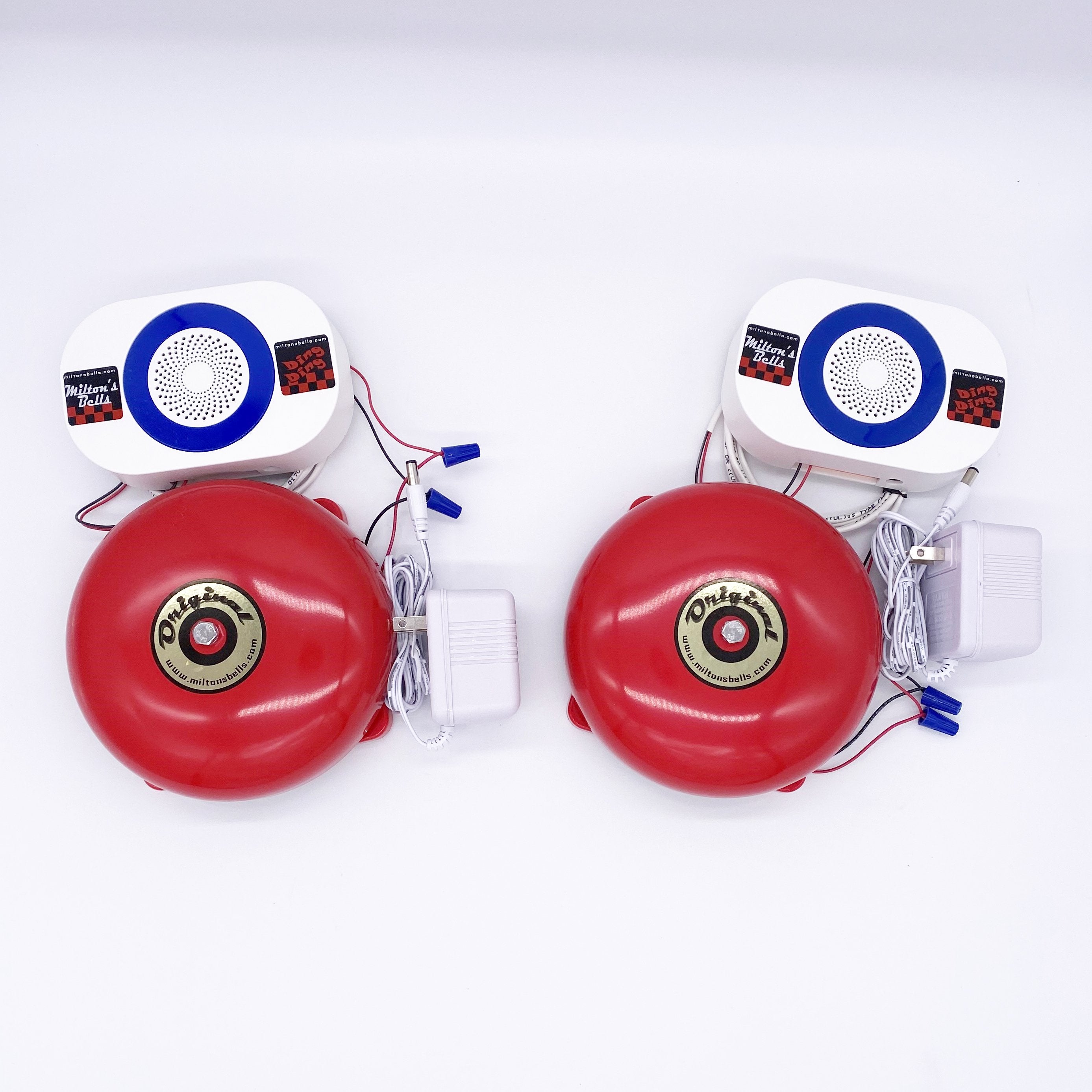 Two red original bells and two wireless chimes